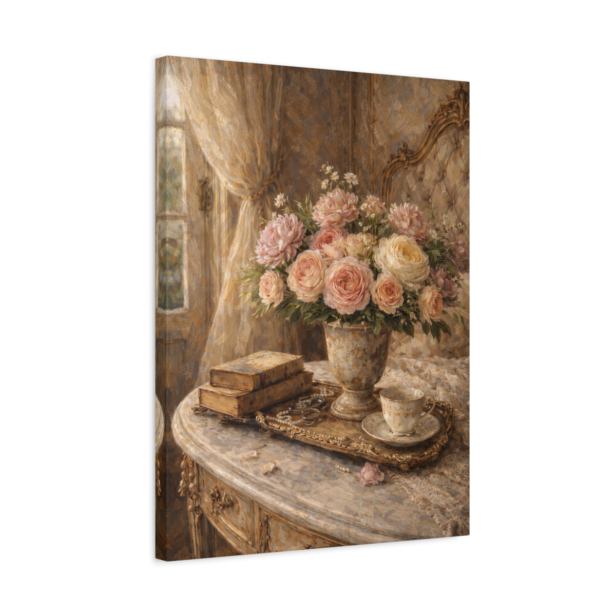 French Country Books Roses Canvas Wall Art Print, Chateaucore Floral Wall Hanging Decor, Victorian Romantic Home Decor, Gift Mom Grandma
