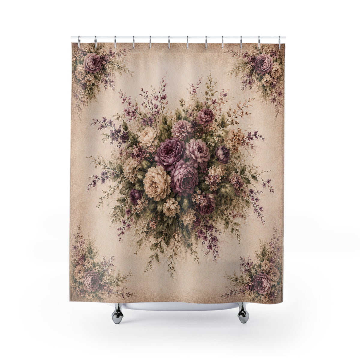 Chateaucore Muted Plum Roses Floral Fabric Shower Curtain, Victorian Bathroom Decor, French Country Cottage, Shabby Chic Bath