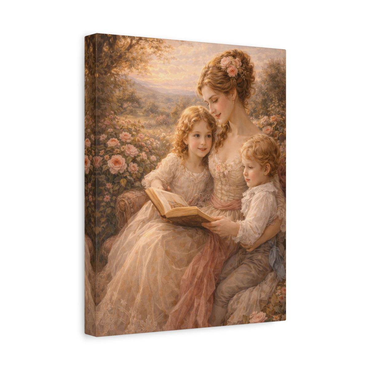 Victorian Pink Mom Reading Children Roses Canvas Wall Art Print, Woman Kids Wall Hanging Decor, Bookish  Bedroom Decor, Gift for Mom
