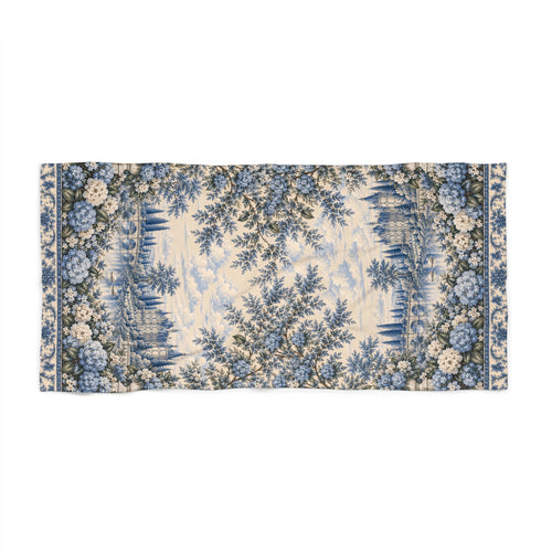 Blue Hydrangea Château Garden Large Bath Towel, French Country Floral Bath Sheet, Blue Toile Chateaucore Bathroom Decor, Romantic Vintage Bath Linen