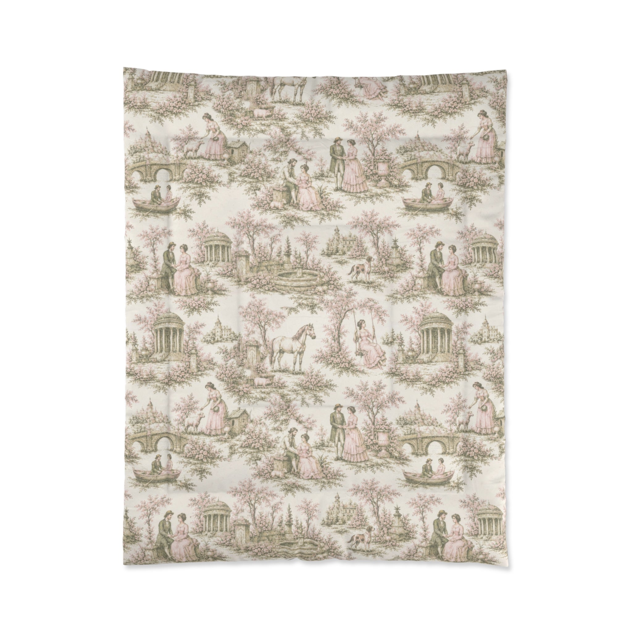 Rare Pink and Sage Toile de Joy Comforter Set, Chateaucore Floral Vintage Style Bedding Shabby Chic Victorian Queen King Twin Size French Bed Spread