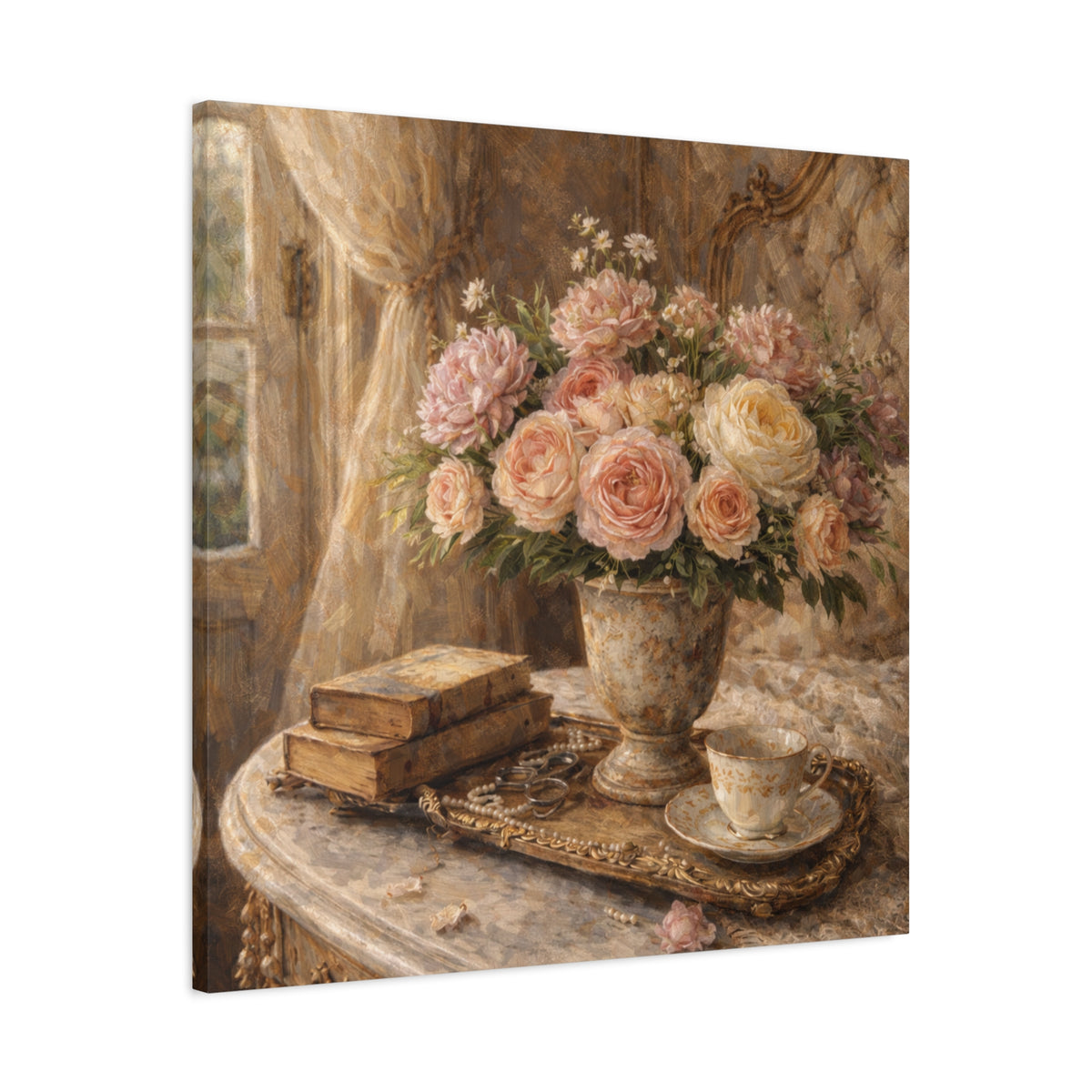 French Country Books Roses Canvas Wall Art Print, Chateaucore Floral Wall Hanging Decor, Victorian Romantic Home Decor, Gift Mom Grandma