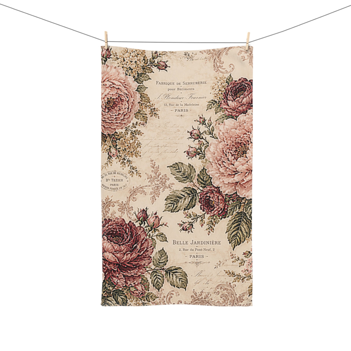 Vintage French Rose Hand Towel – Burgundy & Blush Floral Script Paris Botanical, Victorian Chateaucore Romantic Country Shabby Chic Bathroom Decor