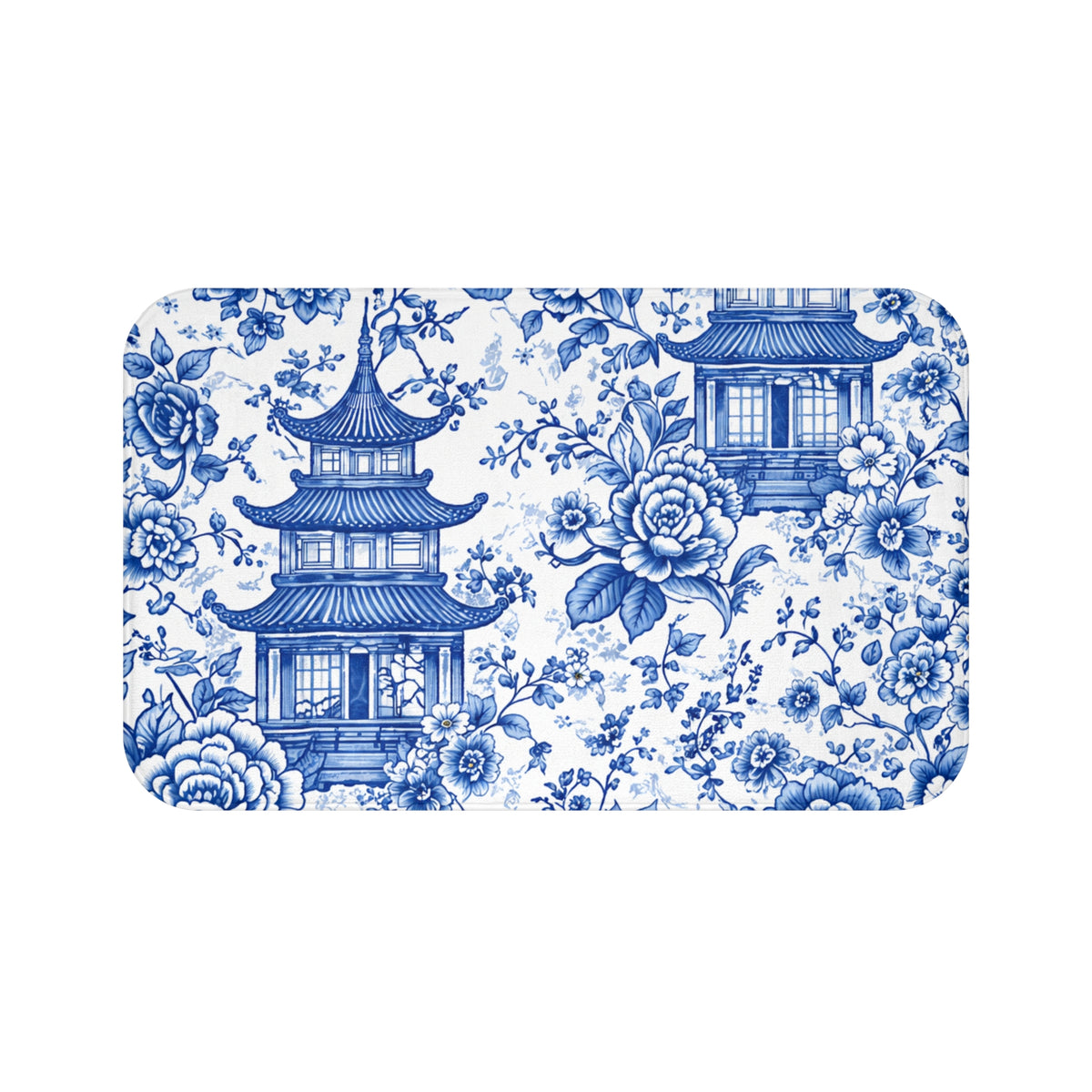 Blue White Chinoiserie Pagoda Memory Foam Bathmat, Floral Asian Toile Bathroom Rug, Ornate Grandmillennial French Country Decor