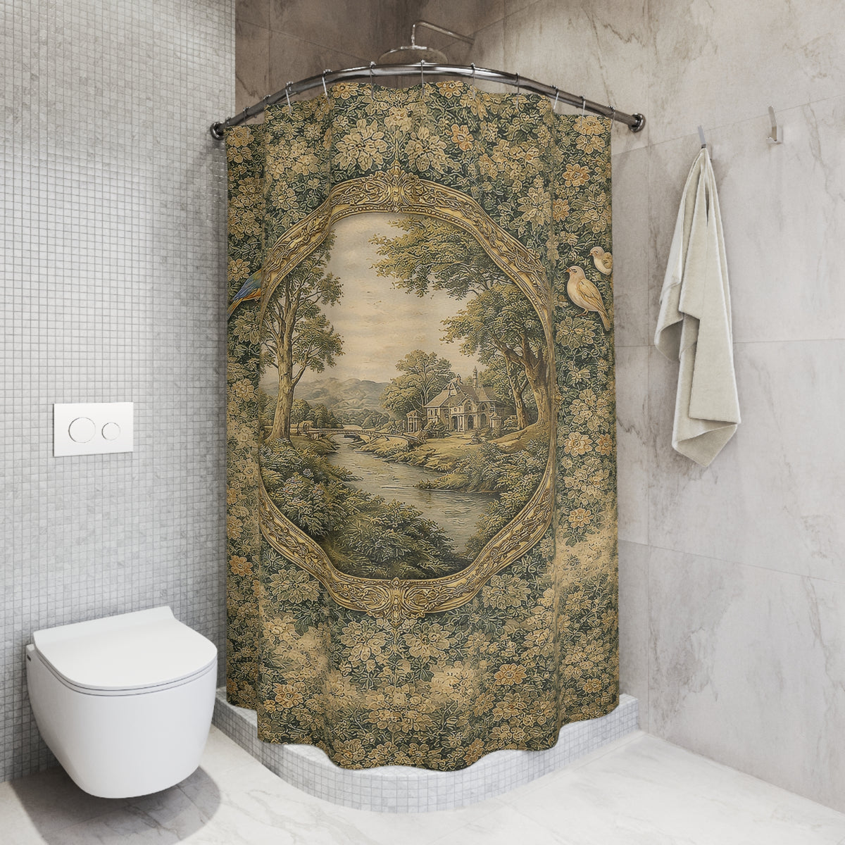 Verdure Green Forestcore Chateaucore Shower Curtain, Victorian Bathroom Decor, French Country Chateau, Shabby Chic Housewarming Wedding Gift