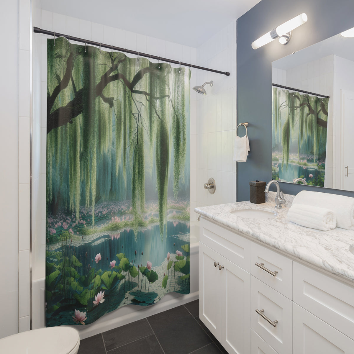 Pond Lily Pads Lotus Flower Weeping Willow Floral Fabric Shower Curtain, Bathroom Decor, Country Cottage Shabby Chic, Farmhouse Style,