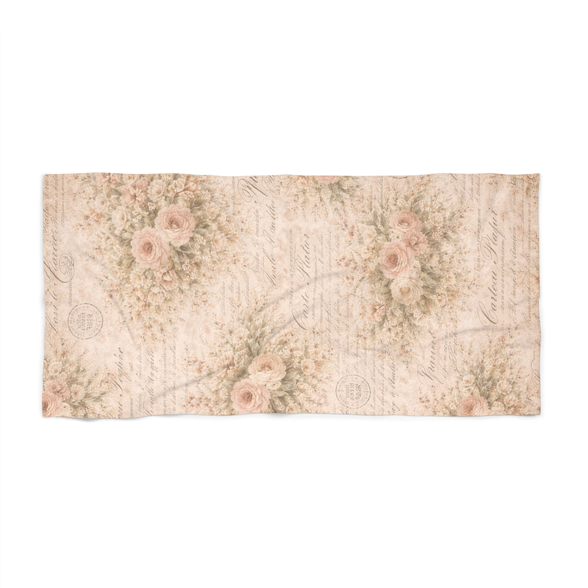 Blush Pink Rose & French Script 5-Piece Bathroom Bundle, Shower Curtain, Memory Foam Bath Mat & Towel Set, French Country Chateaucore Decor