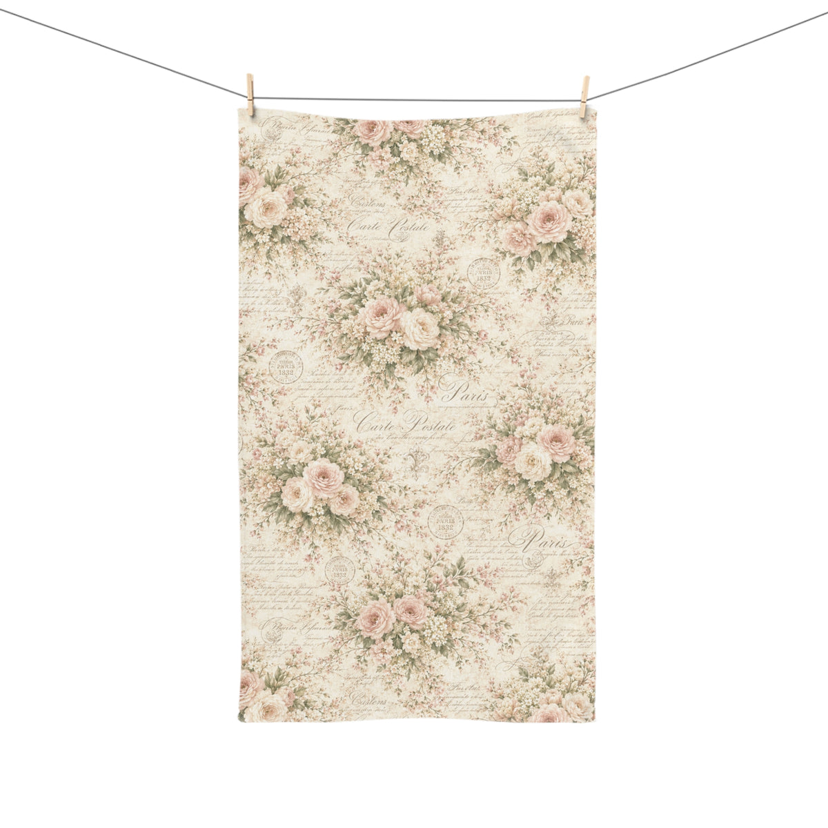 Love Letter Chateau Hand Towel Blush Pink Ivory Vintage Floral French Script, Victorian Cottagecore Shabby Chic Rose Kitchen Bath Towel