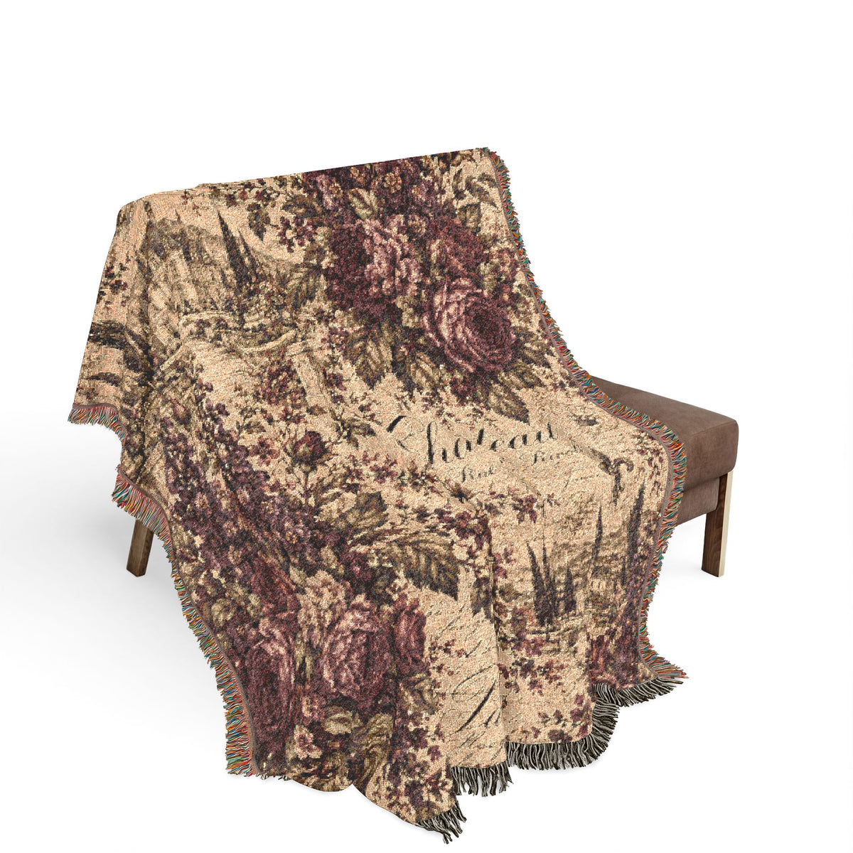 Delphinium French Script Woven Throw Blanket – Merlot Plum Vintage Tapestry Chateaucore Floral Fringed Decorative Quilt