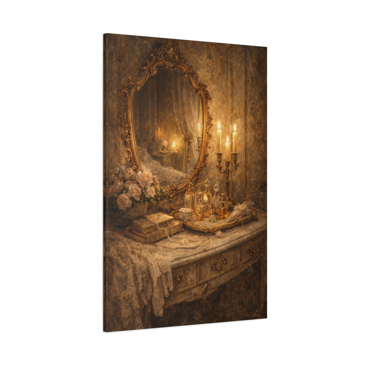 French Country Perfume Vanity Canvas Wall Art Print, Chateaucore Floral Wall Hanging Decor, Victorian Romantic Home Decor, Gift Mom Grandma