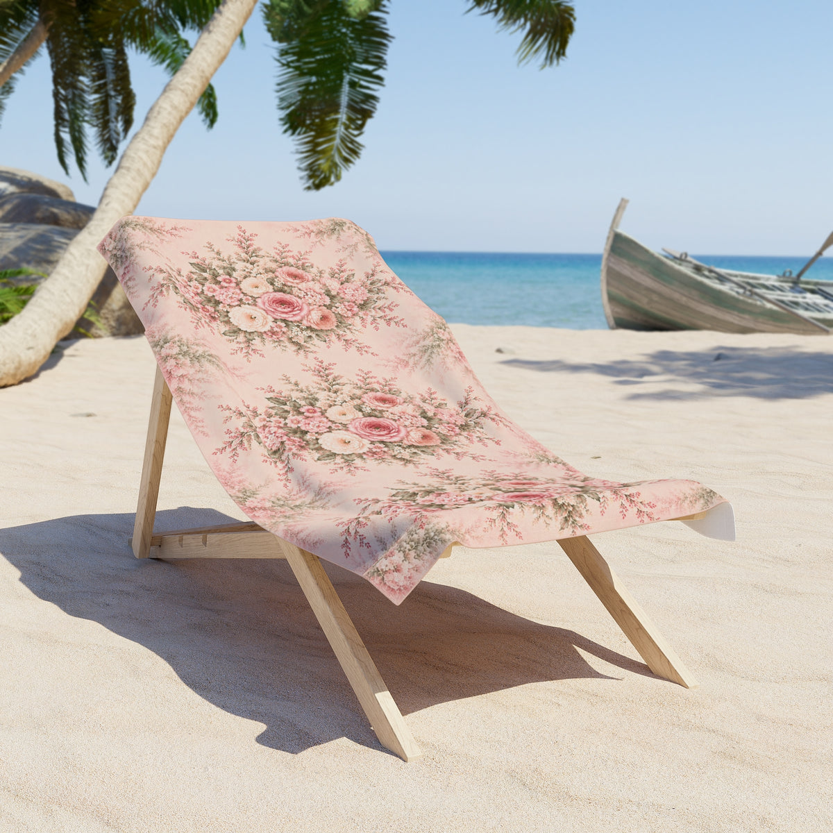 A pink floral beach towel draped over a wooden lounge chair on a sandy beach, with palm trees, blue ocean, and a small boat in the background.