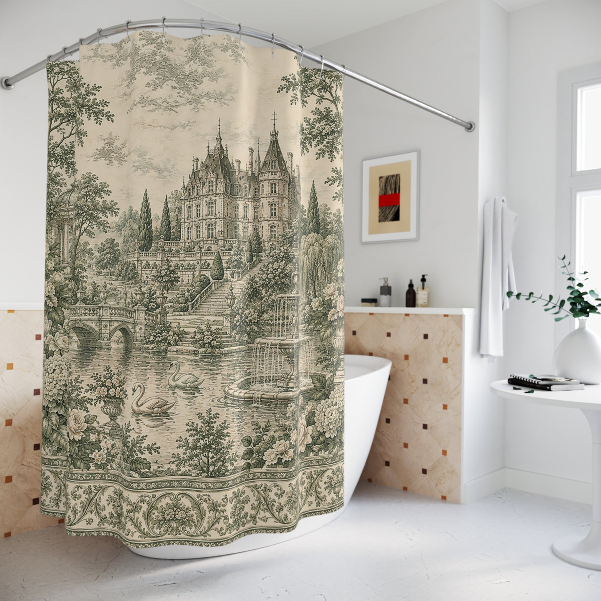 Sage Green French Toile Shower Curtain – Chateau Garden Swans – French Country Chateaucore Bathroom Decor