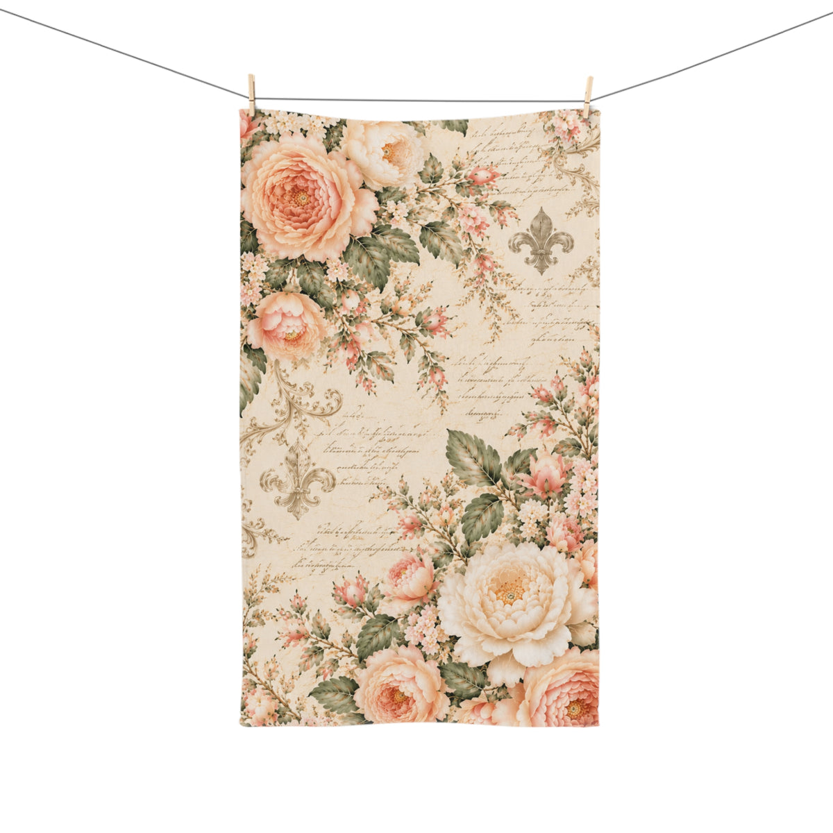 Peach Rose Château Hand Towel, French Country Script Fleur de Lis, Peach Floral Towel, Soft Sage Chateaucore Bathroom Decor