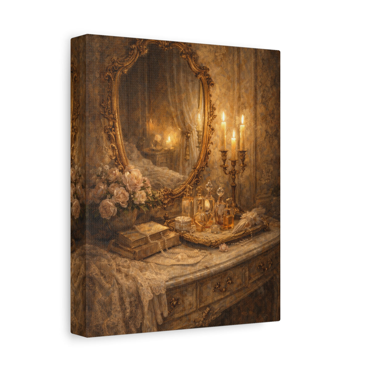French Country Perfume Vanity Canvas Wall Art Print, Chateaucore Floral Wall Hanging Decor, Victorian Romantic Home Decor, Gift Mom Grandma