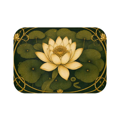 Art Nouveau Water Lily Memory Foam Bathmat, Vintage Botanical Floral Cushioned Bathroom Throw Rug, French Country Chateaucore Green Ivory