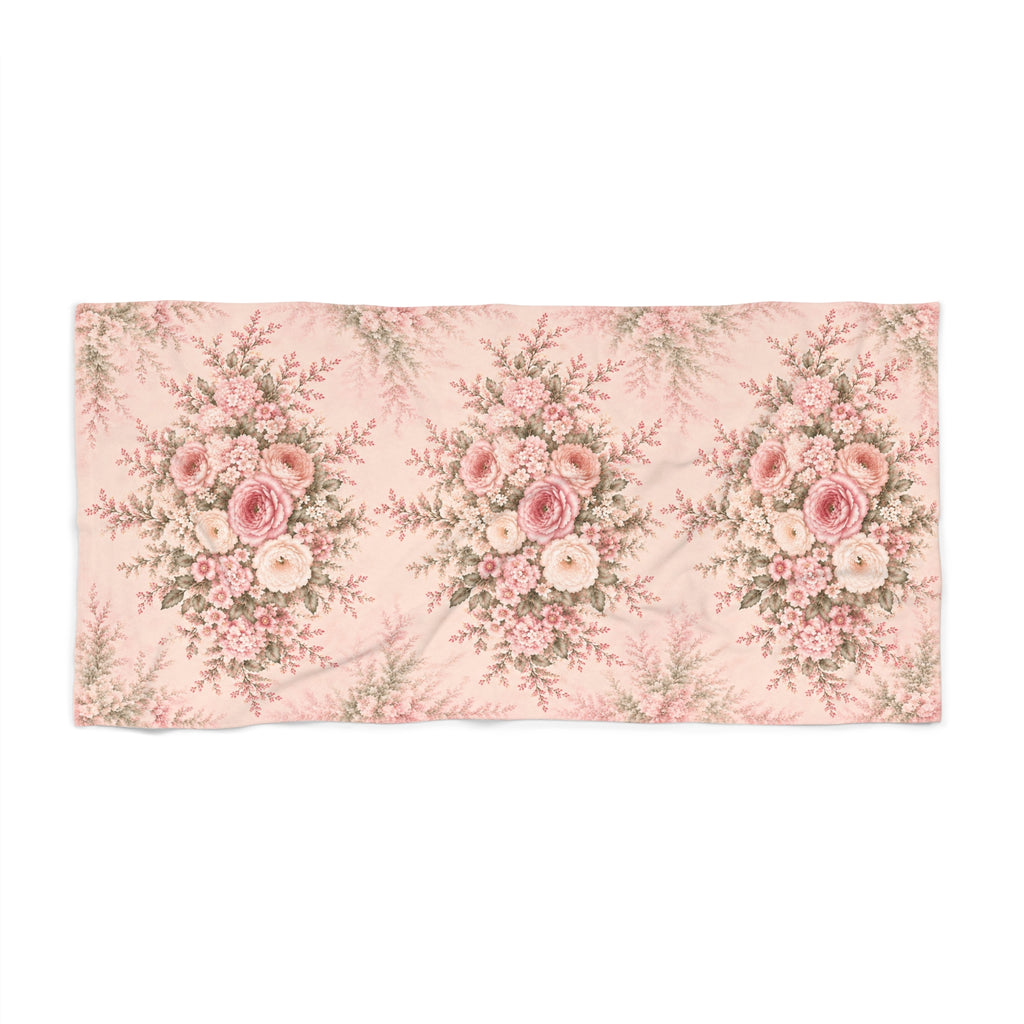 A rectangular large bath towel featuring a repeating vintage floral bouquet pattern in shades of pink, cream, and muted green on a pale pink background.