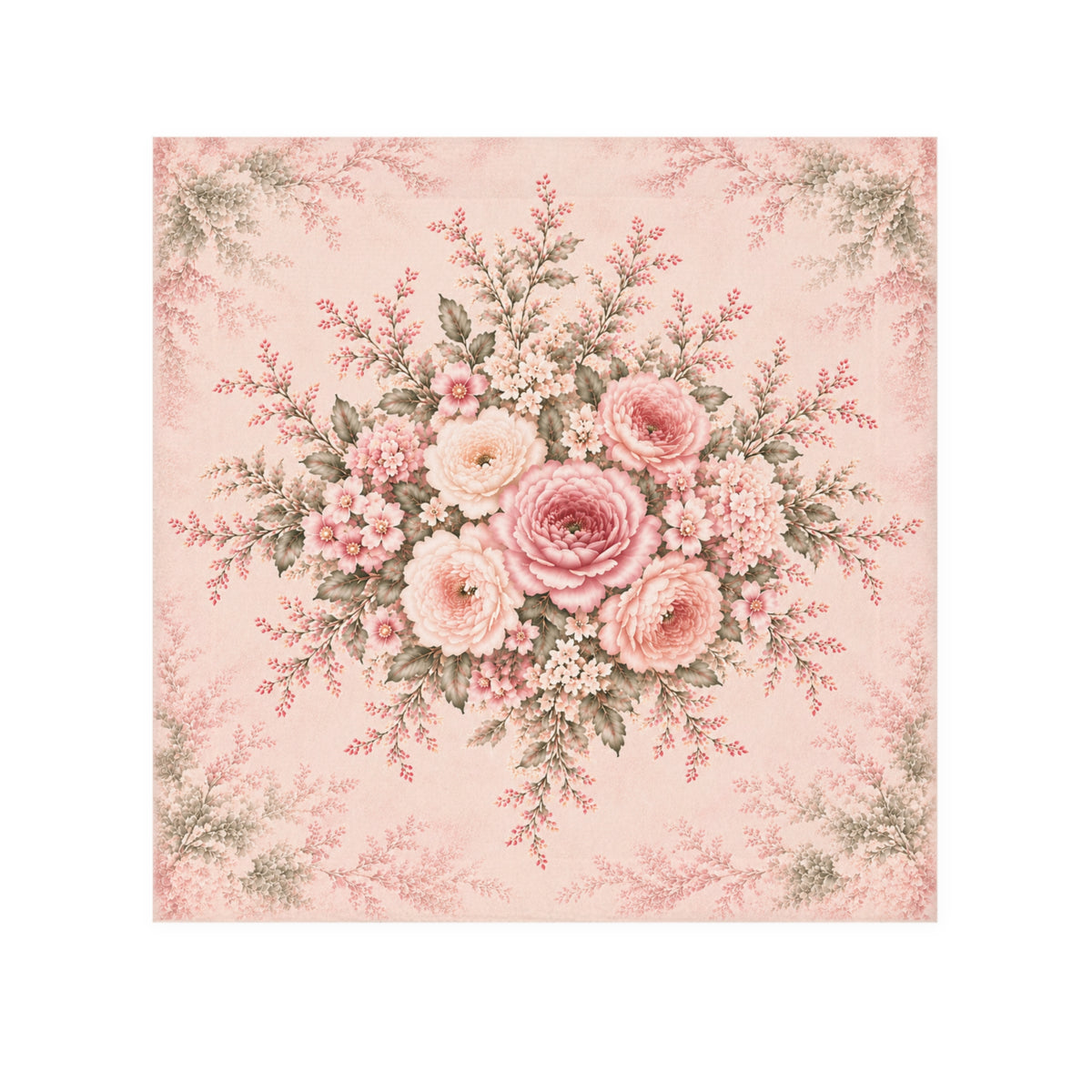 A square decorative washcloth featuring a vintage floral bouquet in soft pink, blush, cream, and muted green on a pale pink background with a subtle border pattern.