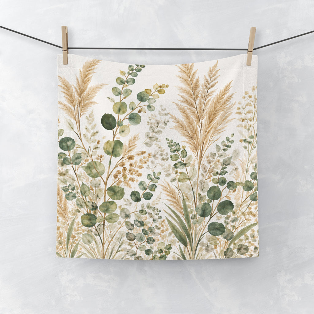 Eucalyptus & Pampas Grass 5-Piece Bathroom Set – Shower Curtain, Memory Foam Bath Mat & Towel Set, Sage Green Botanical Spa Decor