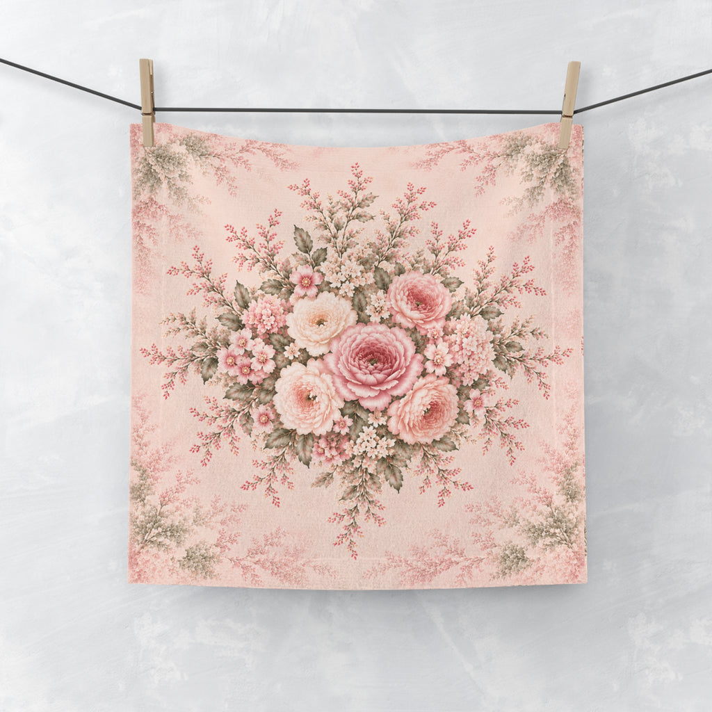 A square washcloth hanging from two wooden clothespins on a black string against a light gray textured wall. The fabric features a vintage-style floral bouquet print in shades of pink, blush, cream, and muted green on a pale pink background.