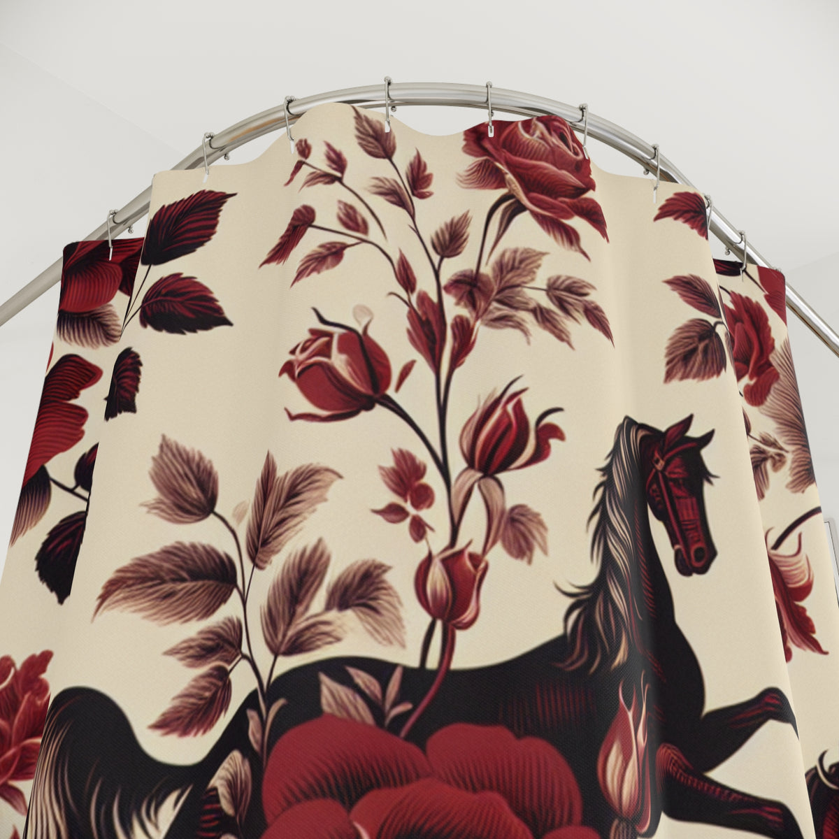 Red Rose Horse French Toil Floral Fabric Shower Curtain, Victorian Bathroom Decor, Vintage Romantic Equestrian Country Shabby Chic