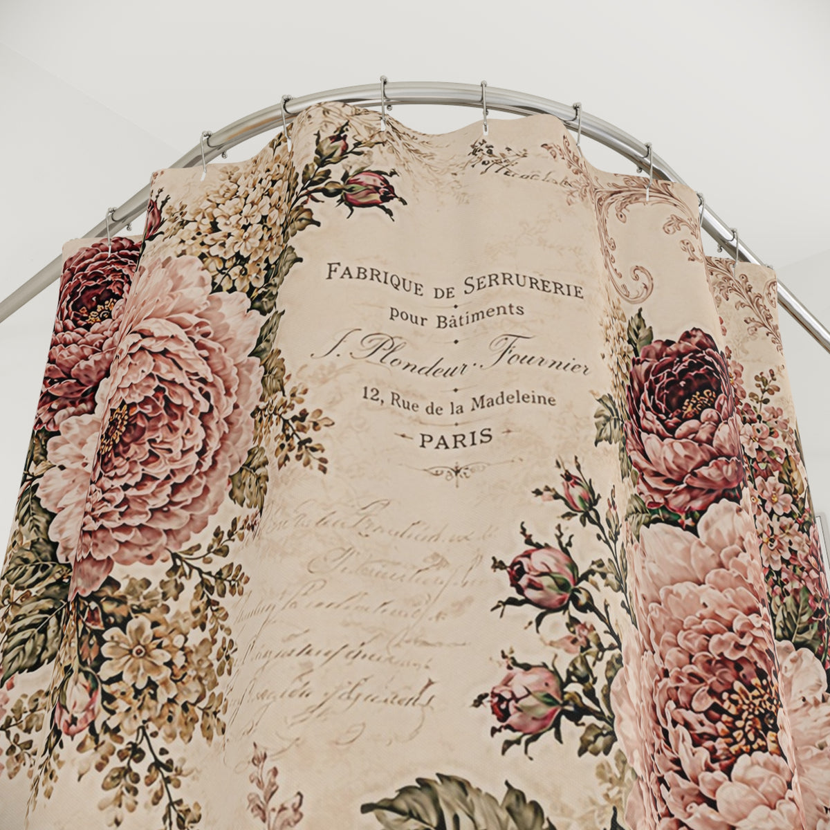Blush Rose Fabric Shower Curtain, Vintage French Script Floral, Burgundy Pink Peonies, Shabby Chic Victorian Bathroom Decor