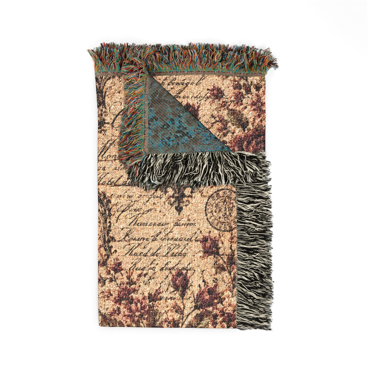 Burgundy Rose French Script Woven Tapestry Blanket – Vintage Chateaucore Floral Throw