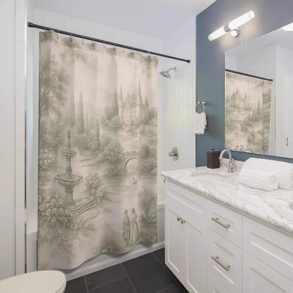 Soft Sage Toile de Joy Fabric Shower Curtain, Victorian Bathroom Decor, Chateaucore French Country Cottage, Shabby Chic, Housewarming Wedding Gift