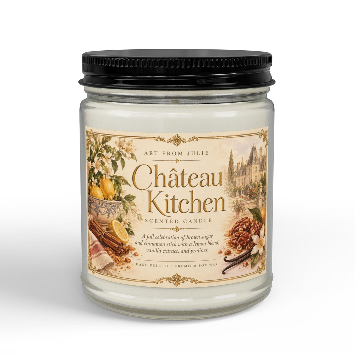 Château Kitchen Jar Scented Candle, Comfort Spice Brown Sugar, Cinnamon, Vanilla & Praline French Country Scented Candle Lemons
