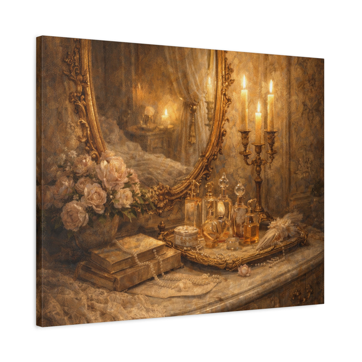 French Country Perfume Vanity Canvas Wall Art Print, Chateaucore Floral Wall Hanging Decor, Victorian Romantic Home Decor, Gift Mom Grandma