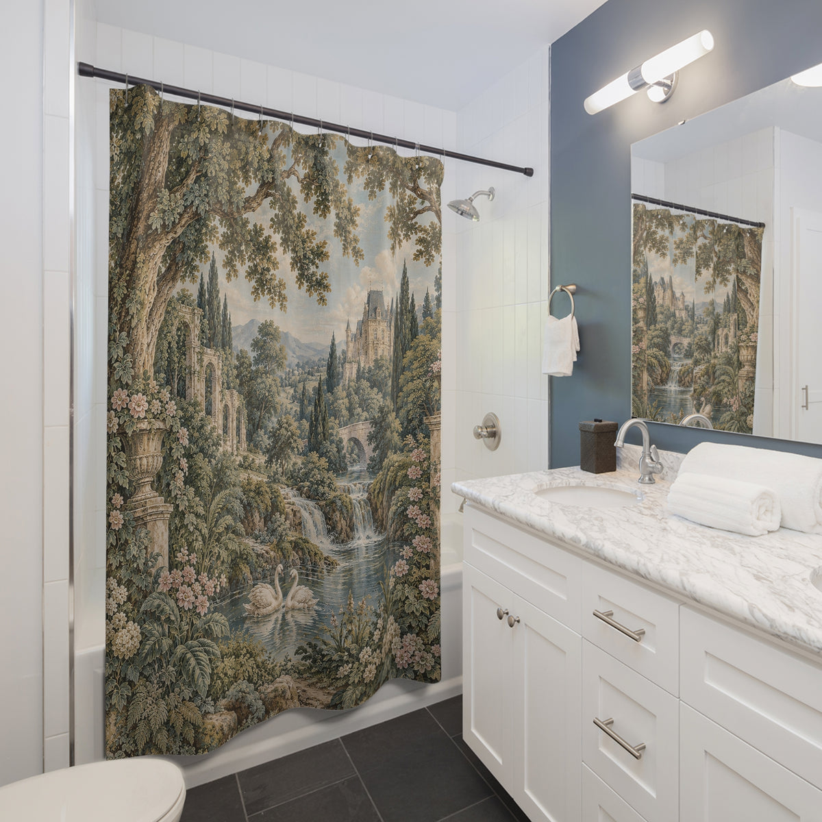 French Verdure Shower Curtain – Chateau Garden Swans – Vintage Aubusson French Country Bathroom Decor
