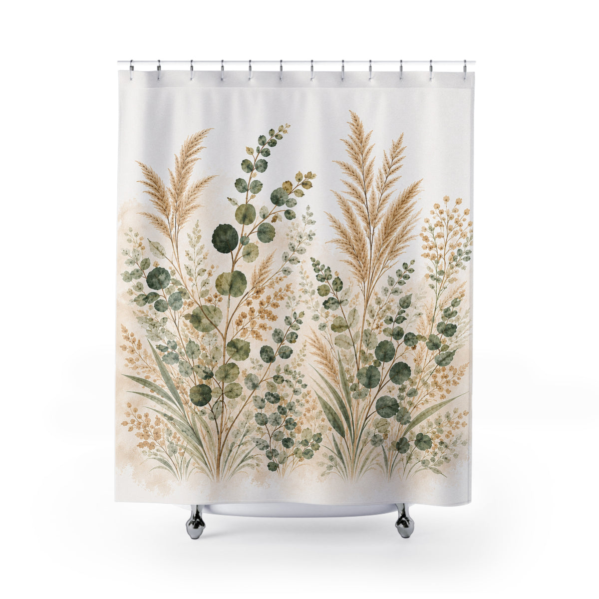Eucalyptus & Pampas Grass Shower Curtain – Sage Green Botanical Spa Bathroom Decor, Neutral French Country Cottage Style