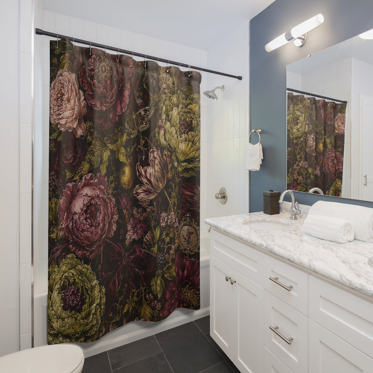Burgundy Floral Maximalist Fabric Shower Curtain, Moody Botanical Bathroom Decor, Rich Dark Academia Victorian Floral Bath Gift