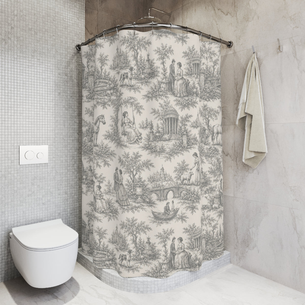 Nickel Gray French Toil de Jouy Shower Curtain, Victorian Bathroom Decor, Vintage Country Cottage, Shabby Chic, Farmhouse, Housewarming Gift