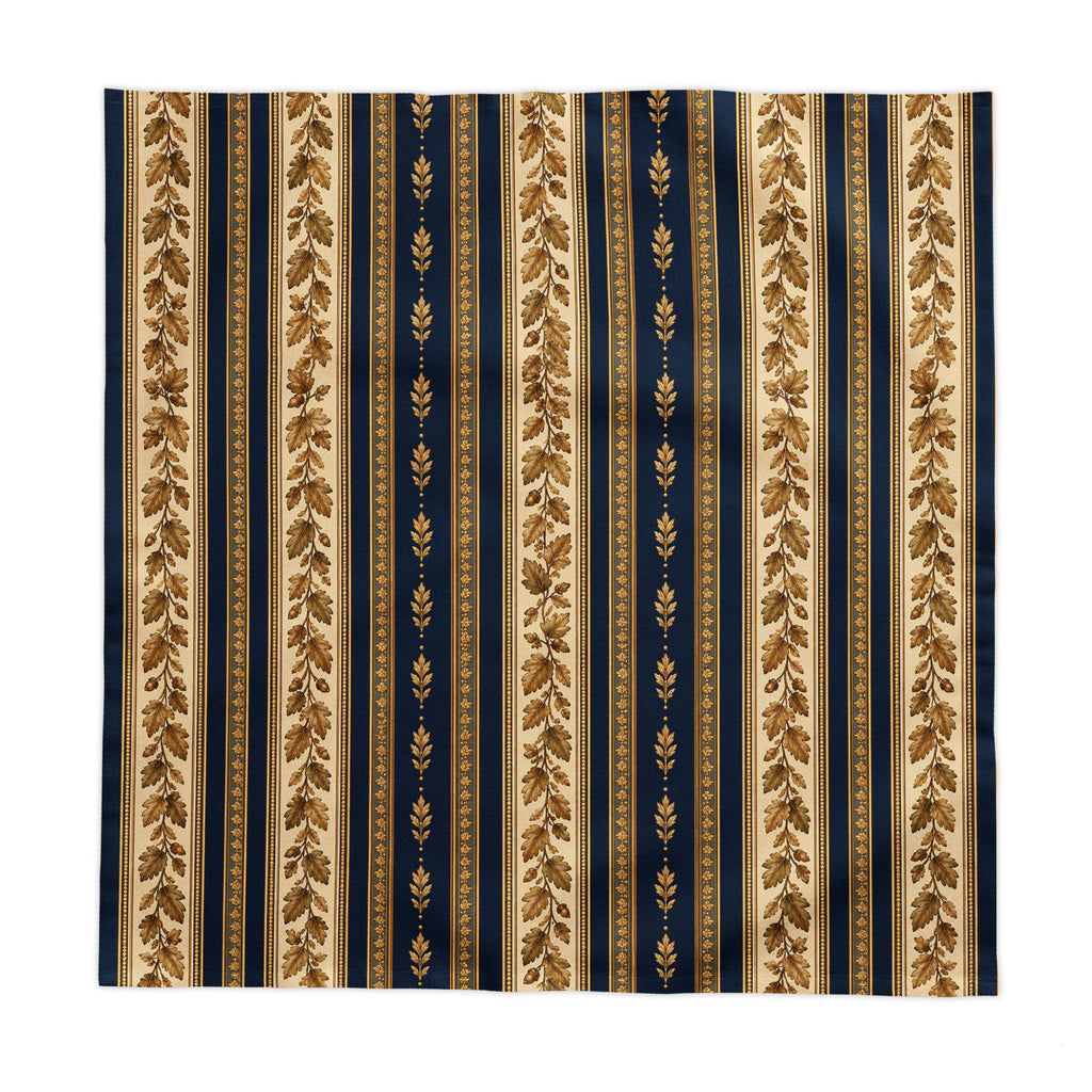 Navy Blue Gold Botanical Stripe Tablecloth, Elegant Autumn Fall Oak Leaf Acorn French Country Table Linen Victorian Dining Decor