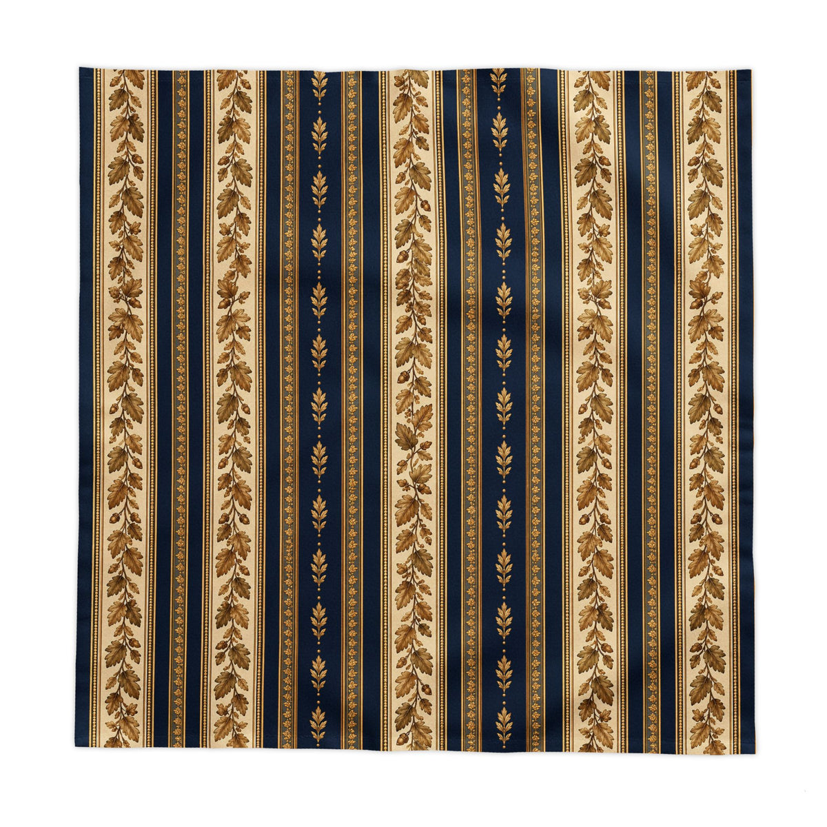 Navy Blue Gold Botanical Stripe Tablecloth, Elegant Autumn Fall Oak Leaf Acorn French Country Table Linen Victorian Dining Decor