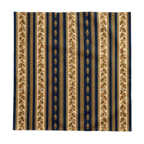Flat square tablecloth featuring a classic vertical stripe pattern with navy blue, beige, and gold leaf motifs, shown flat against a white background.