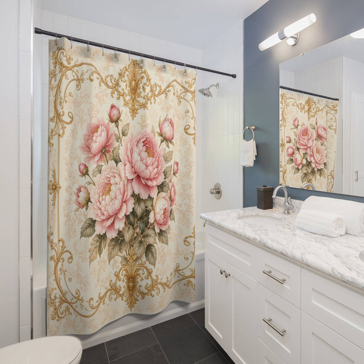 Pink Peonies Roses Floral Gold Scrollwork Fabric Shower Curtain, Victorian Rococo Decor, French Country Cottage, Shabby Chic Bathroom Makeover