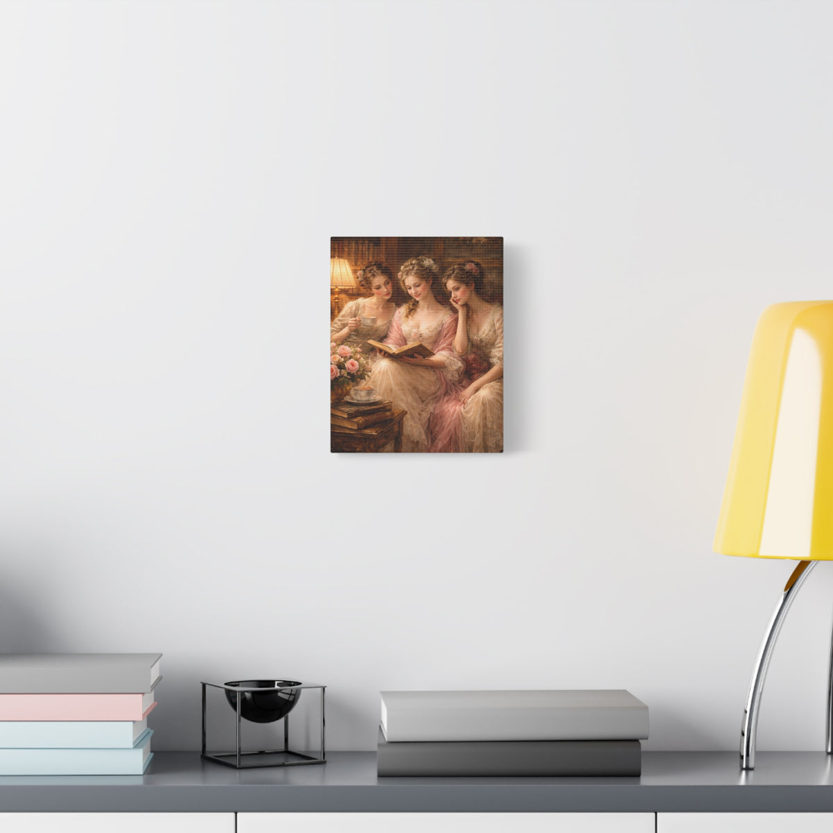 Victorian Pink Ladies Reading Nook Roses Canvas Wall Art Print, Women Wall Hanging Decor, Vintage Bookish Lady, Bedroom Decor, Gift for Her