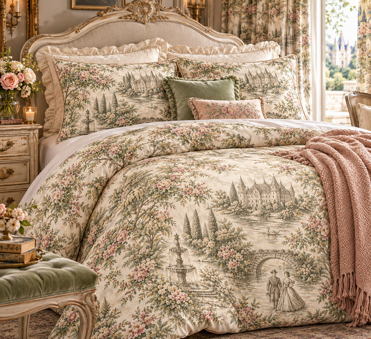 Pink and Sage Toile de Joy Comforter or Duvet Cover Set, Chateaucore Floral Vintage Style Bedding Shabby Chic Victorian Queen King Twin French Bedspread