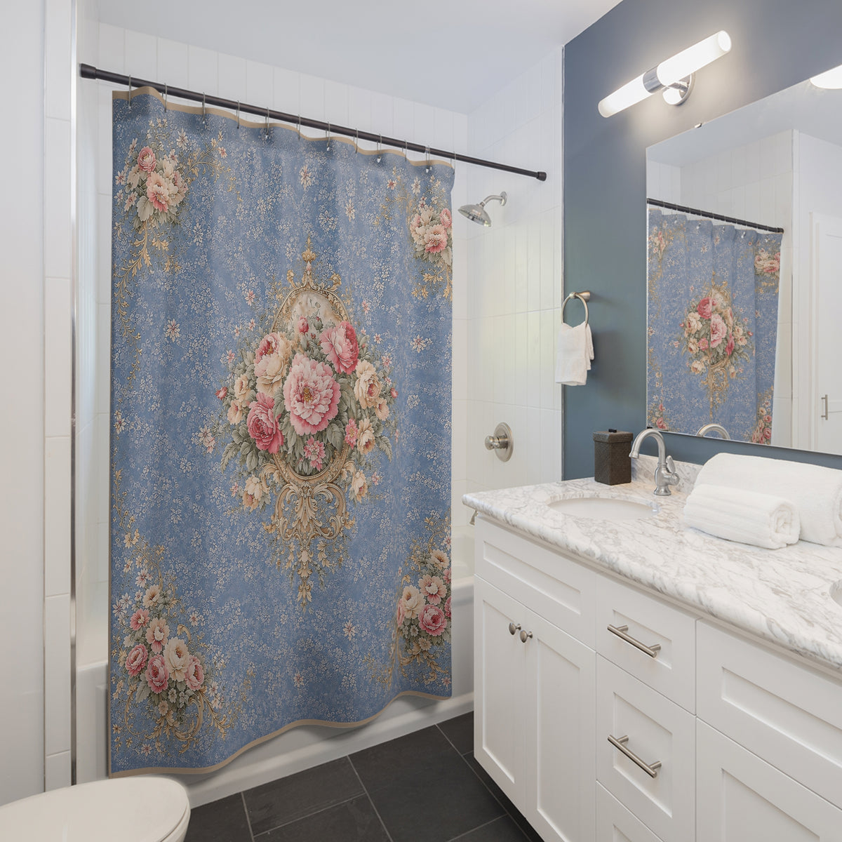 Chateaucore Blue Soft Pink Roses Floral Shower Curtain, Victorian Rococo Bathroom Decor, French Country, Shabby Chic Housewarming Gift