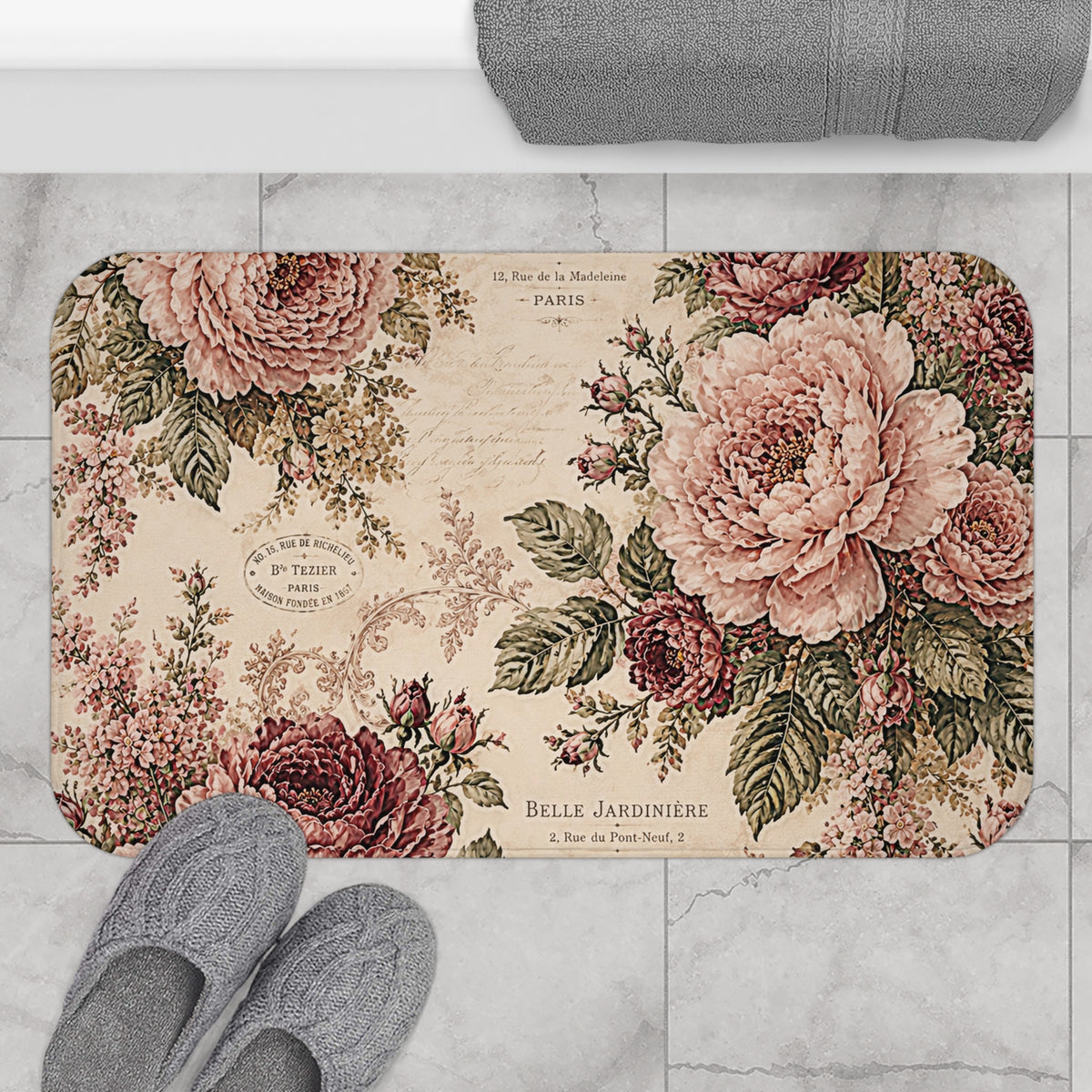 Vintage French Rose Memory Foam Bathmat – Burgundy Pink Blush Floral Paris Script Romantic Botanical, Victorian Chateaucore Bathroom Rug Decor