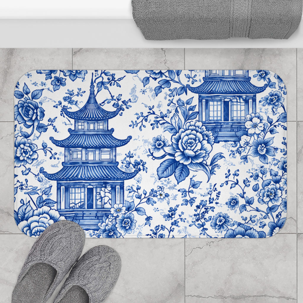 Blue White Chinoiserie Pagoda Memory Foam Bathmat, Floral Asian Toile Bathroom Rug, Ornate Grandmillennial French Country Decor