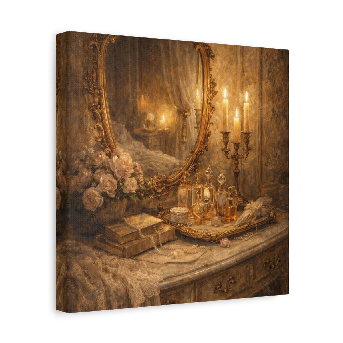 French Country Perfume Vanity Canvas Wall Art Print, Chateaucore Floral Wall Hanging Decor, Victorian Romantic Home Decor, Gift Mom Grandma