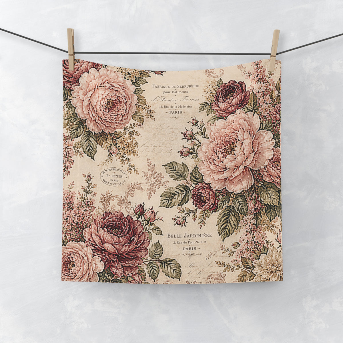 Vintage French Rose Washcloth – Burgundy & Blush Floral Paris Botanical Face Cloth, Victorian Chateaucore Bathroom Decor