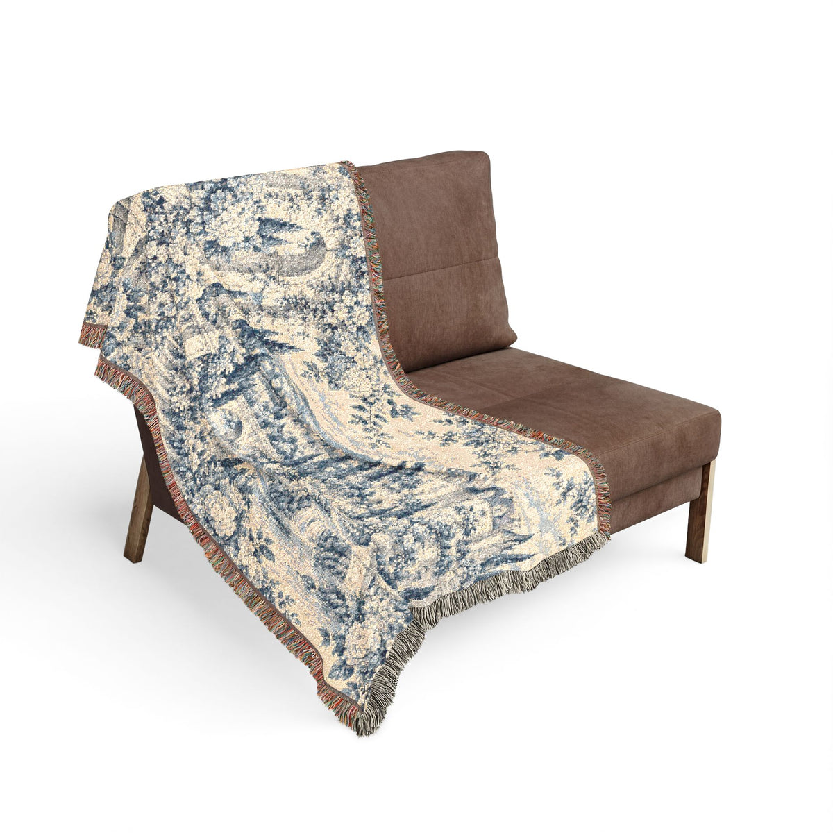 Faded Blue & Ivory Toile de Jouy Chateau Woven Blanket – French Country Tapestry Throw, Romantic Vintage Decor