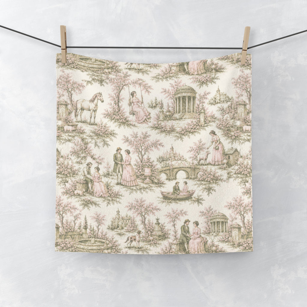 Vintage Sage and Pink Toile de Jouy Washcloth, French Country Pastoral Face Towel, Grandmillennial Shabby Chic