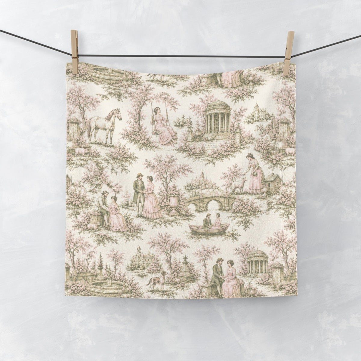 Vintage Sage and Pink Toile de Jouy Washcloth, French Country Pastoral Face Towel, Grandmillennial Shabby Chic