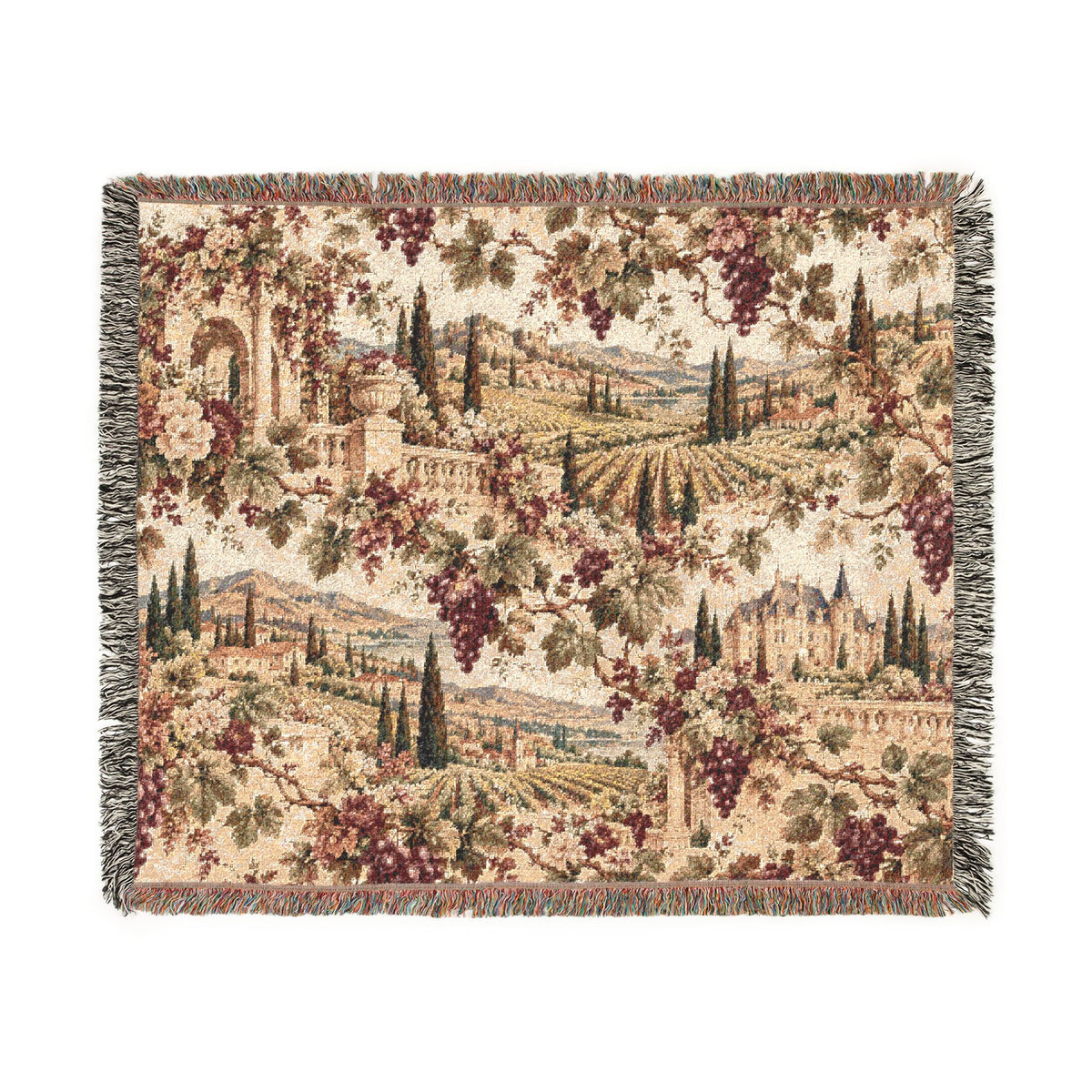 Burgundy French Vineyard Tapestry Woven Blanket – Chateau Garden Throw, Old World French Country Decor