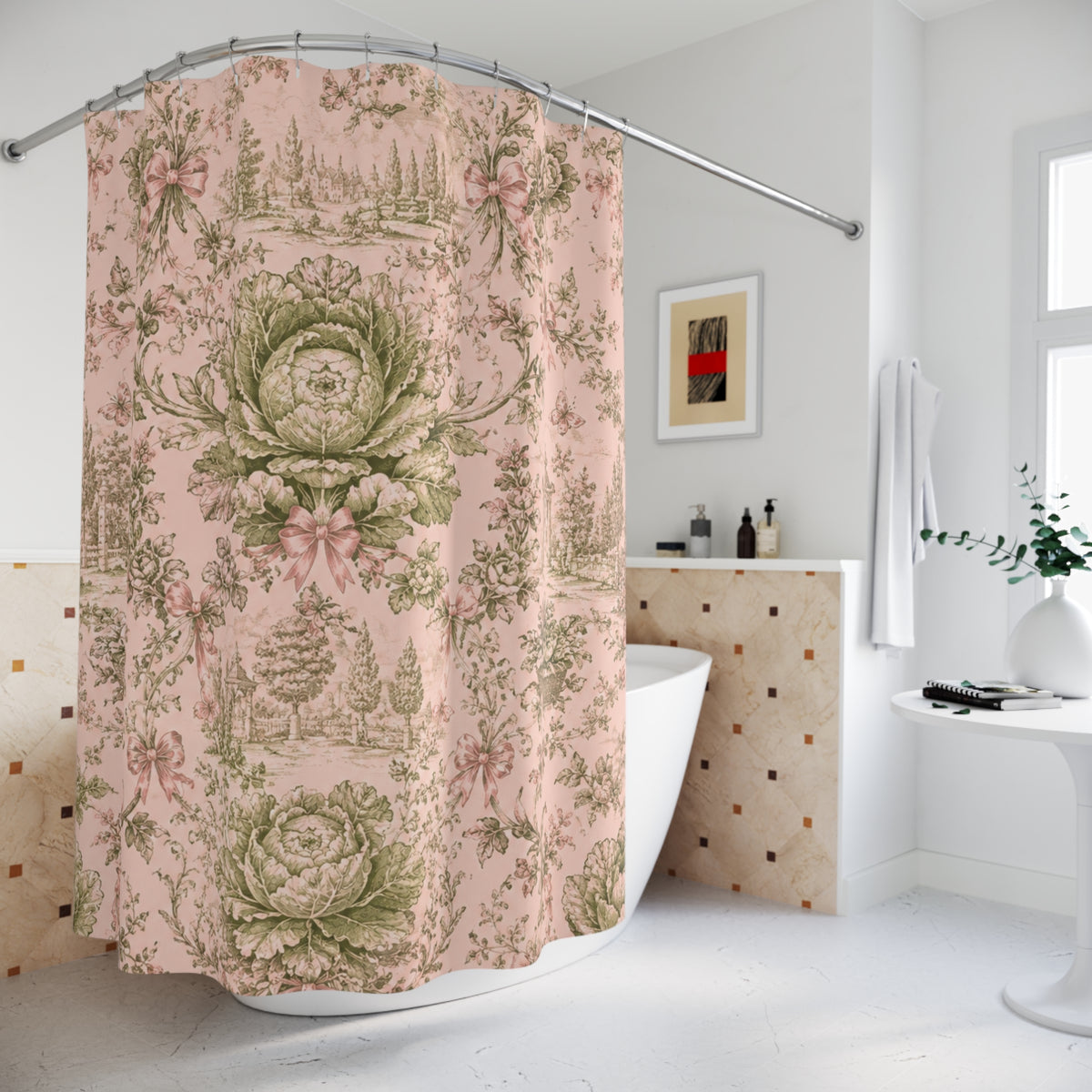 Pink Coquette Cabbage Shower Curtain, French Toile Bathroom Decor, Cottagecore Grandmillennial Bath Curtain, Romantic Botanical Bathroom