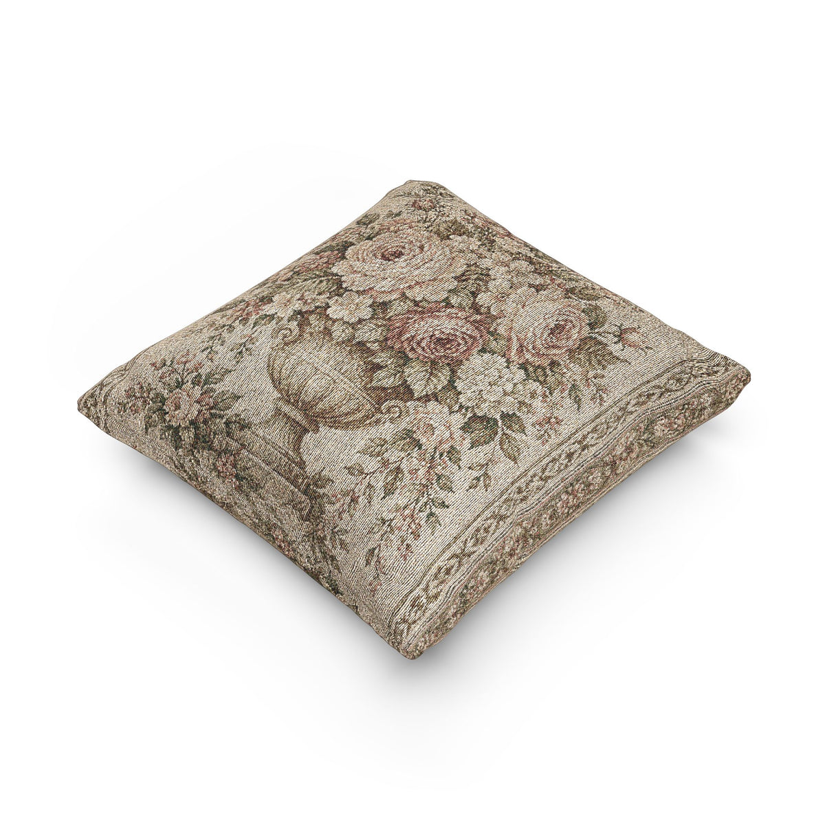 Vintage Aubusson Rose Urn Woven Tapestry Pillow – French Country Floral Chateaucore Shabby Chic Textured Layering Accent Pillow